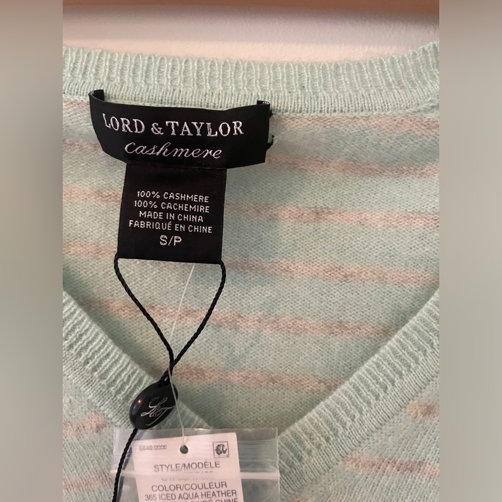 Lord & Taylor 100 % Cashmere Sweater in Soft Mint and Grey strip Small
